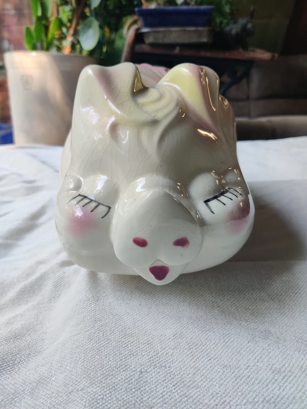 50s Large Piggy Bank Smiley Eyelashes Ribbon Lucky Shamrocks Clover Kitsch 7x13